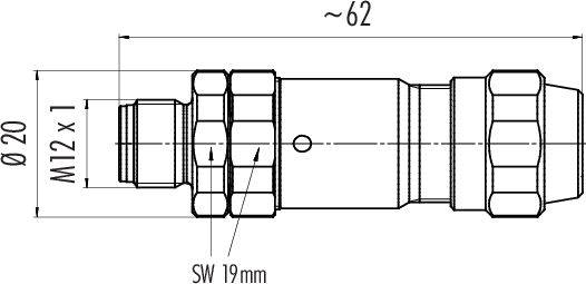 Műszaki rajz egy hengeres csatlakozóról, méretekkel: 20 mm átmérő, ~62 mm hosszúság, anyakulcs mérete 19 mm.