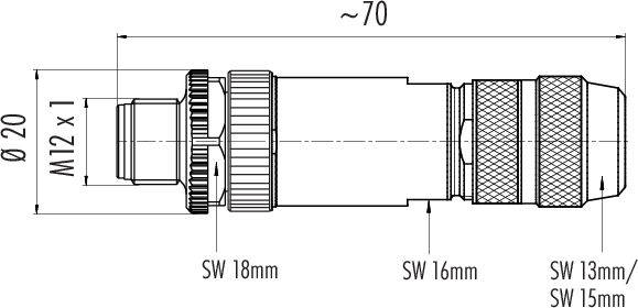 'Egy csatlakozó műszaki rajza méretekkel: hosszúság kb. 70 mm, átmérő 20 mm, menet M12 x 1. Kulcsméret 18 mm, 16 mm, 13 mm, 15 mm.'