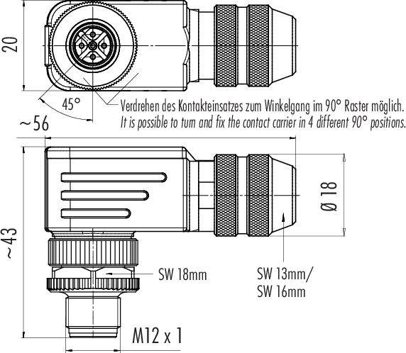 Műszaki rajz egy M12-es csatlakozóról. Méret: 20 mm szélesség, 56 mm hosszúság. 45°-ban forgatható érintkezőbetét, SW 13/mm és SW 16/mm részletek.
