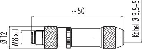 Egy hengeres csatlakozó műszaki rajzát mutatja, a következő méretekkel: hosszúság kb. 50 mm, átmérő 12 mm, menet M8 x 1, kábel átmérője 3,5-5 mm.