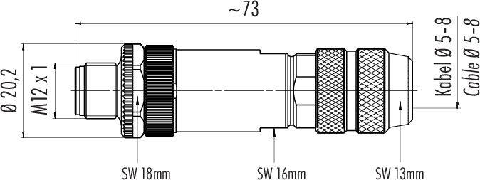 Műszaki rajz egy hengeres csatlakozóról. Méretei: hosszúság ~73 mm, átmérő 20,2 mm. Menetadatok: M12 x 1.