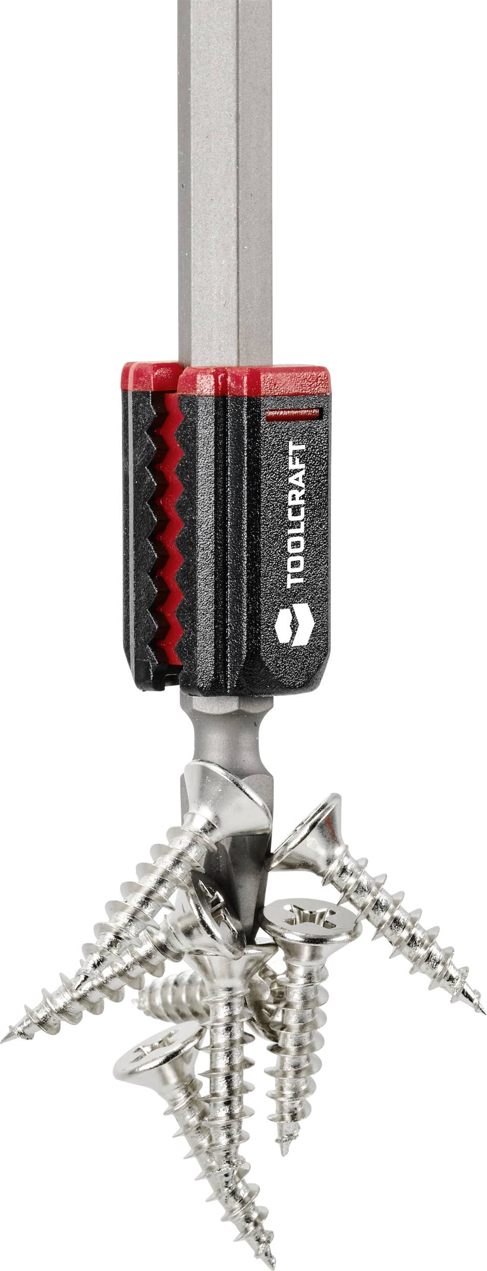 Egy TOOLCRAFT csavarhúzó-feltét több ezüstszínű csavart tart egy mágneses tartón.