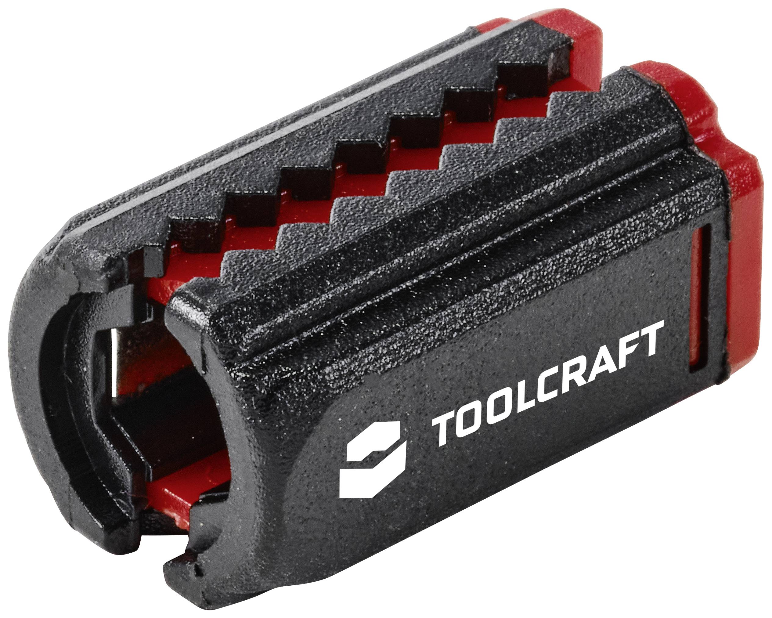 Kábelcsípő ergonomikus kialakítással és az oldalán lévő 'TOOLCRAFT' felirattal. Fekete ház piros részletekkel.