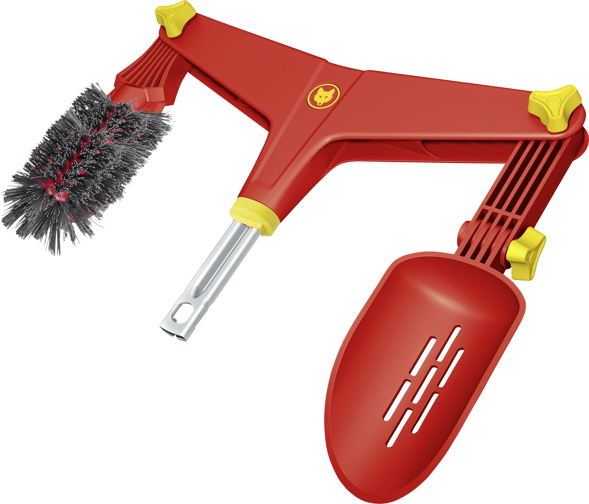 Piros többcélú tisztítófej kefével és lapáttal sarkok és élek tisztításához, háztartási takarításra alkalmas.