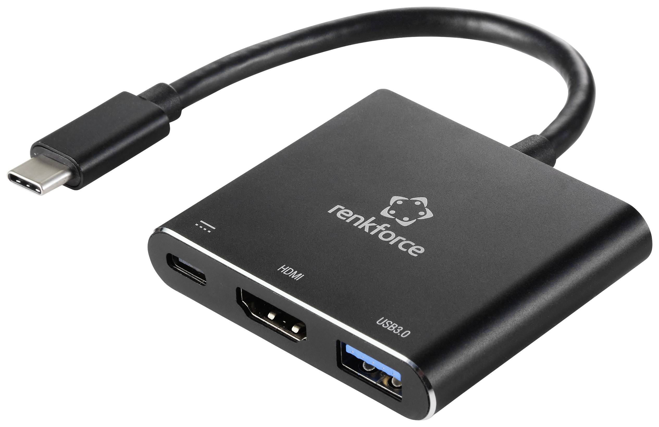 Egy fekete USB-C-adapter HDMI-, USB 3.0- és USB-C-csatlakozókkal. A Renkforce márkajelzést viseli és rövid kábellel rendelkezik.