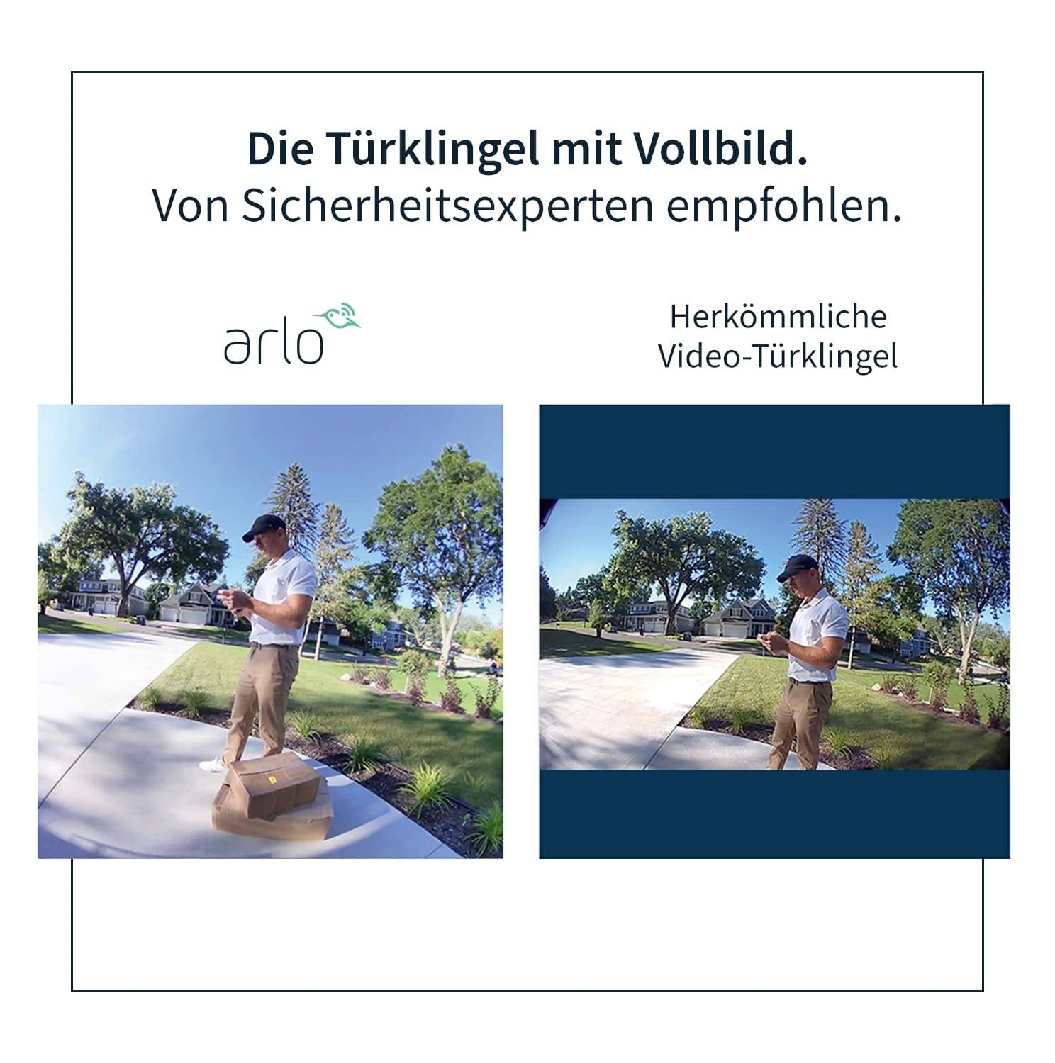 Egy személy áll egy csomag mellett a szabadban. A szöveg egy video-kaputelefon használatát ajánlja, és képeket mutat be róla.
