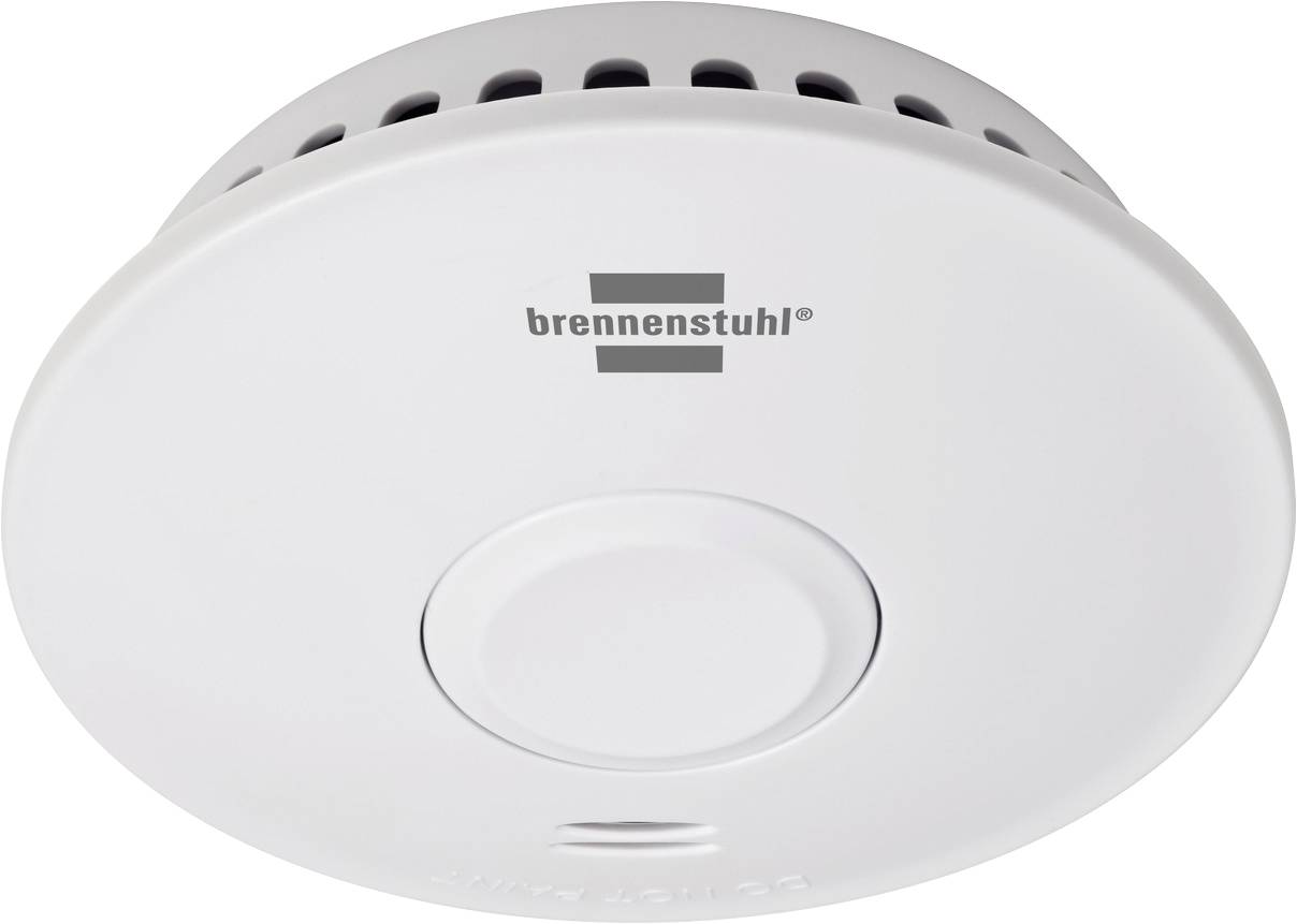 Fehér Brennenstuhl füstérzékelő központi tesztgombbal és szellőztetett felső éllel egyszerű háttéren.