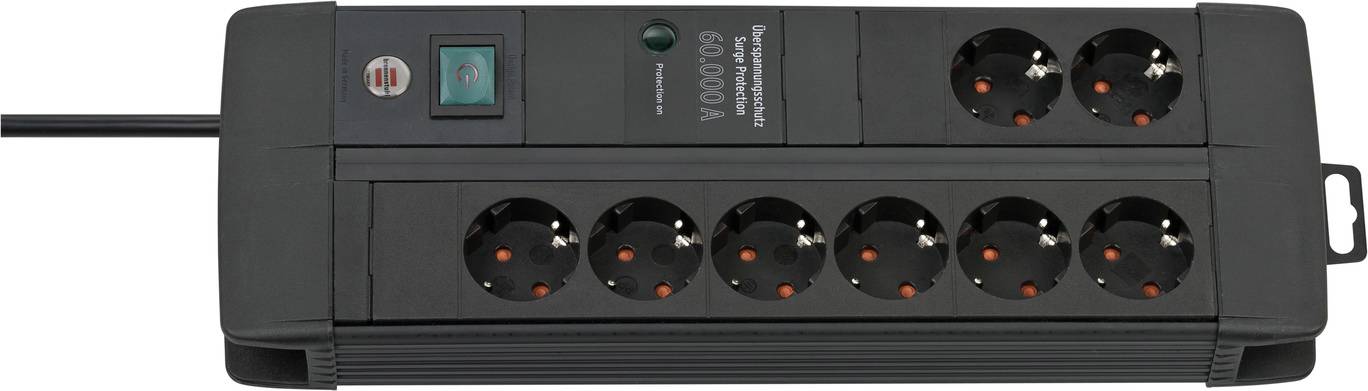 Nyolc aljzatos elosztó zöld ellenőrző lámpával és be-/kikapcsolóval. Több eszköz áramellátásához használható.