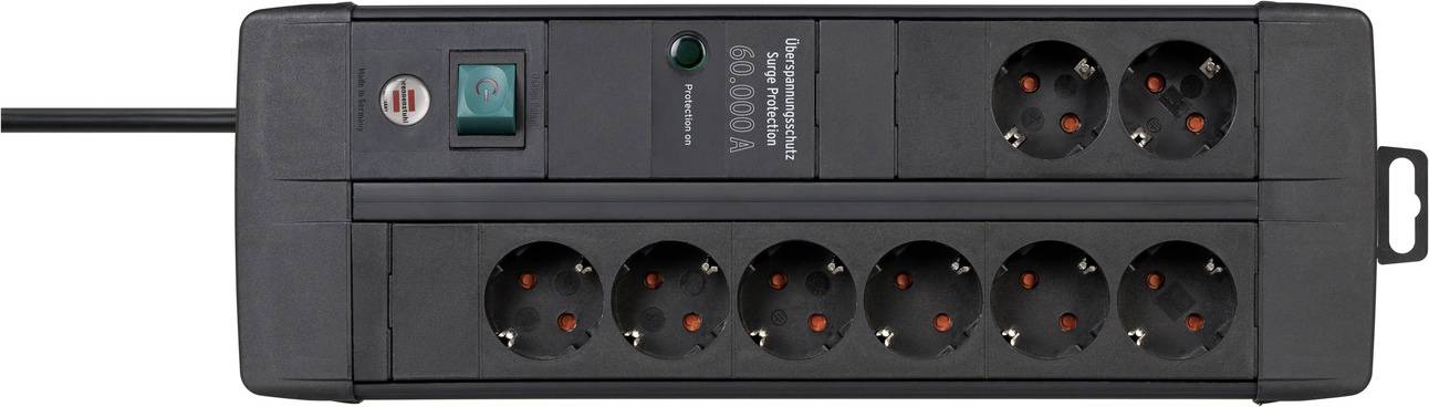 Fekete elosztó nyolc Schuko-aljzattal, megvilágított kapcsolóval és zöld LED-jelzőfénnyel. Túlfeszültség-védelemre alkalmas.