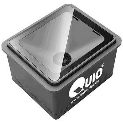 Egy téglalap alakú RFID-leolvasó a 'QUIO' cégtől, amelynek tetején üvegfelület van, és RFID-címkével ellátott tárgyak azonosítására szolgál.