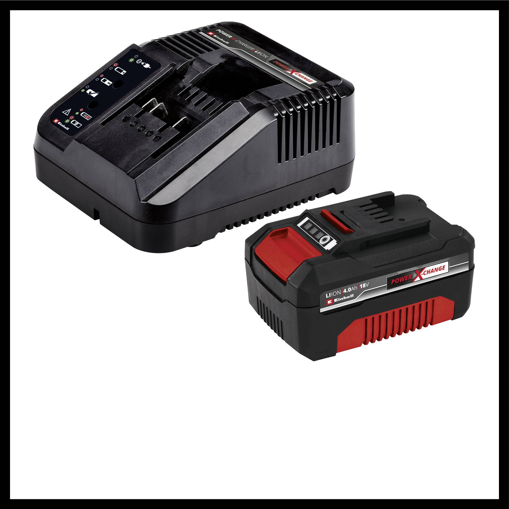 Egy elektromos szerszám töltője és akkumulátora, mindkettő fekete színben piros részletekkel, fehér háttér előtt.