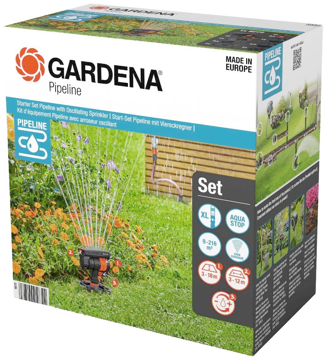 A Gardena öntözővezeték-kezdőkészlet csomagolása, amely egy oszcilláló szórófej fényképét, funkcióit és méretadatait mutatja: 3-12 m.