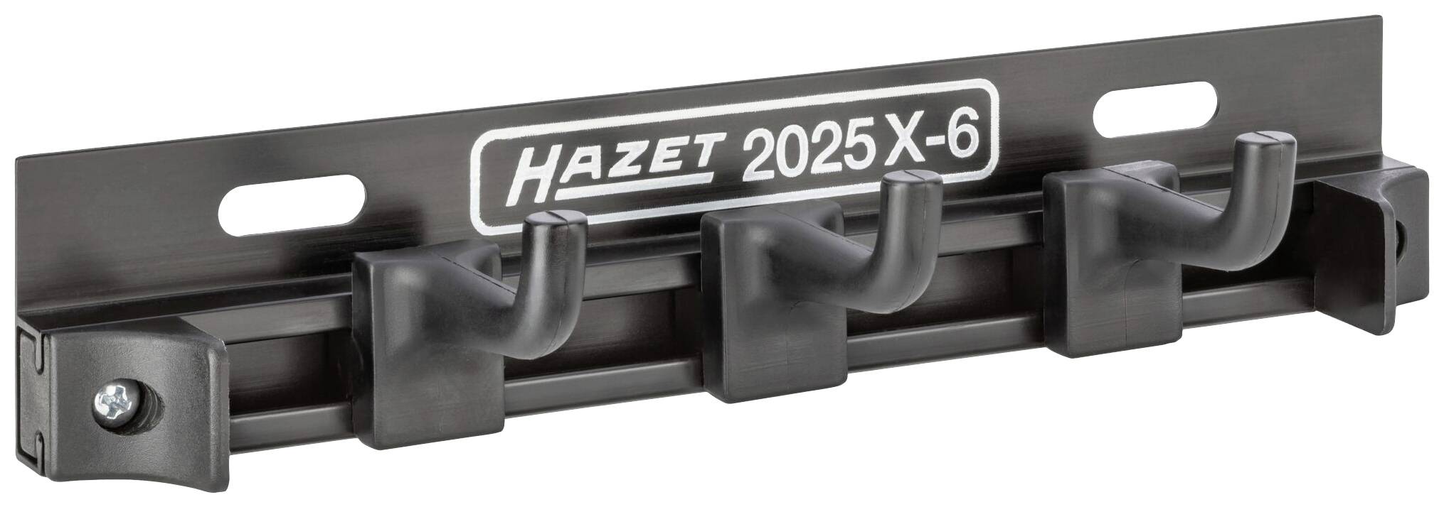 Hatféle akasztóval és két rögzítőnyílással rendelkező Hazet fali szerszámtartó, amely alkalmas szerszámok tárolására.