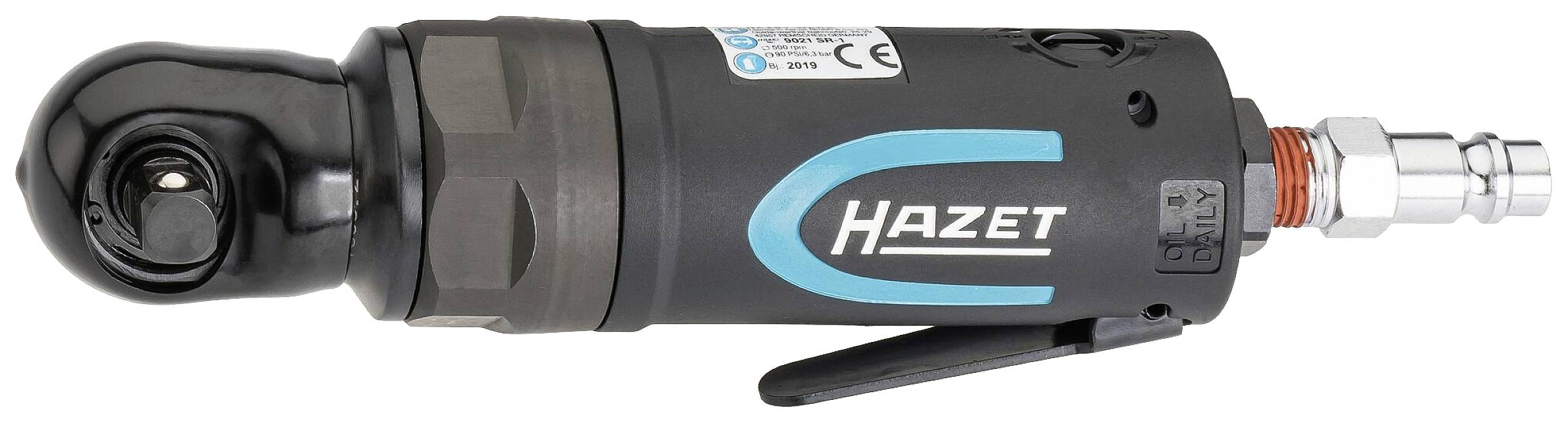 Hazet márkájú pneumatikus racsnis csavarozógép, oldalnézetben, ergonomikus fogantyúval és kompakt kialakítással ipari felhasználásra.