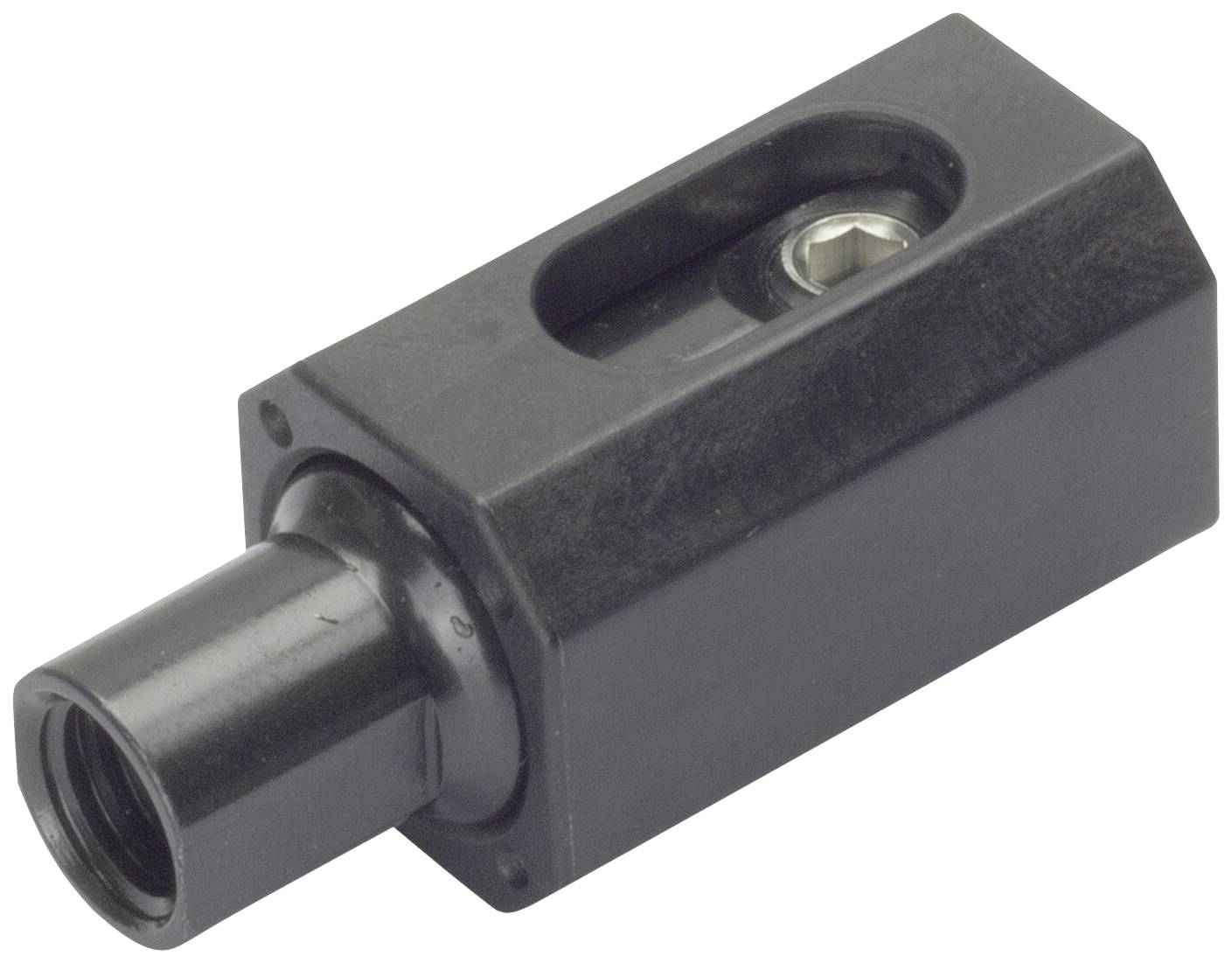 Fekete műanyag házrész hengeres csatlakozóval és süllyesztett hatlapfejű csavarral.