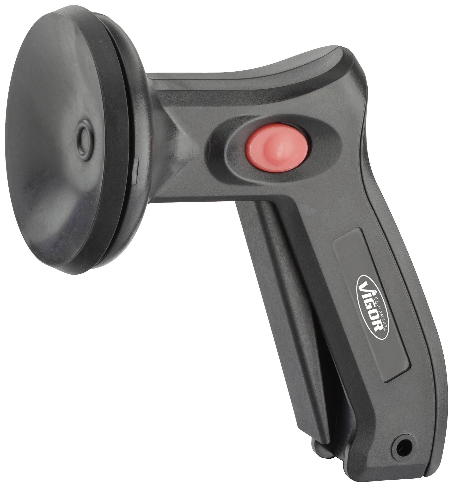 Fekete nyéllel, piros gombbal és kerek gumis felülettel rendelkező kézi szerszám. A nyélen a 'Vigor' márkanév látható.