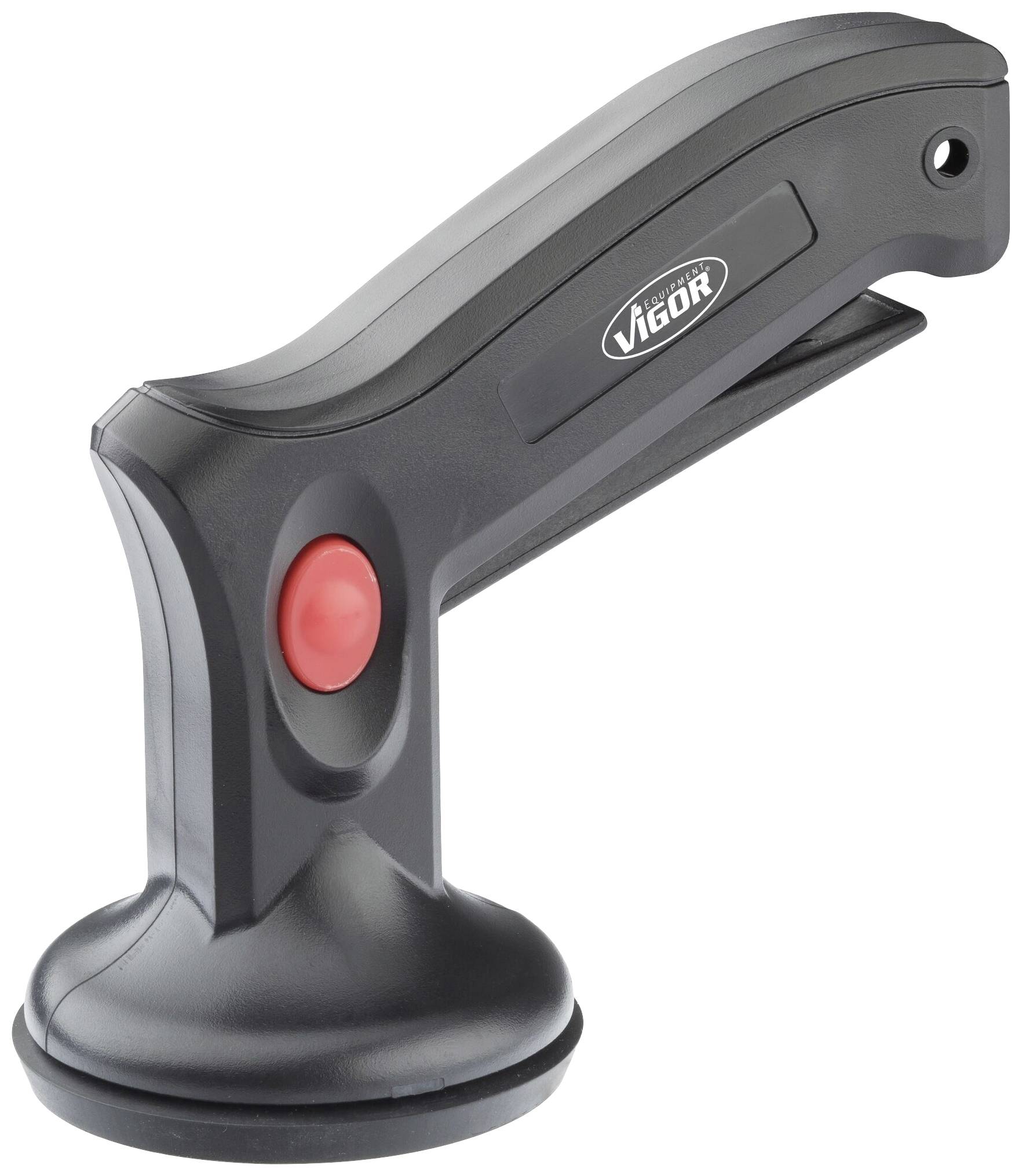 Egy fekete-szürke, piros gombos üvegvágó Vigor márkától, amelyet autóablakok ragasztójának vágásához használnak.