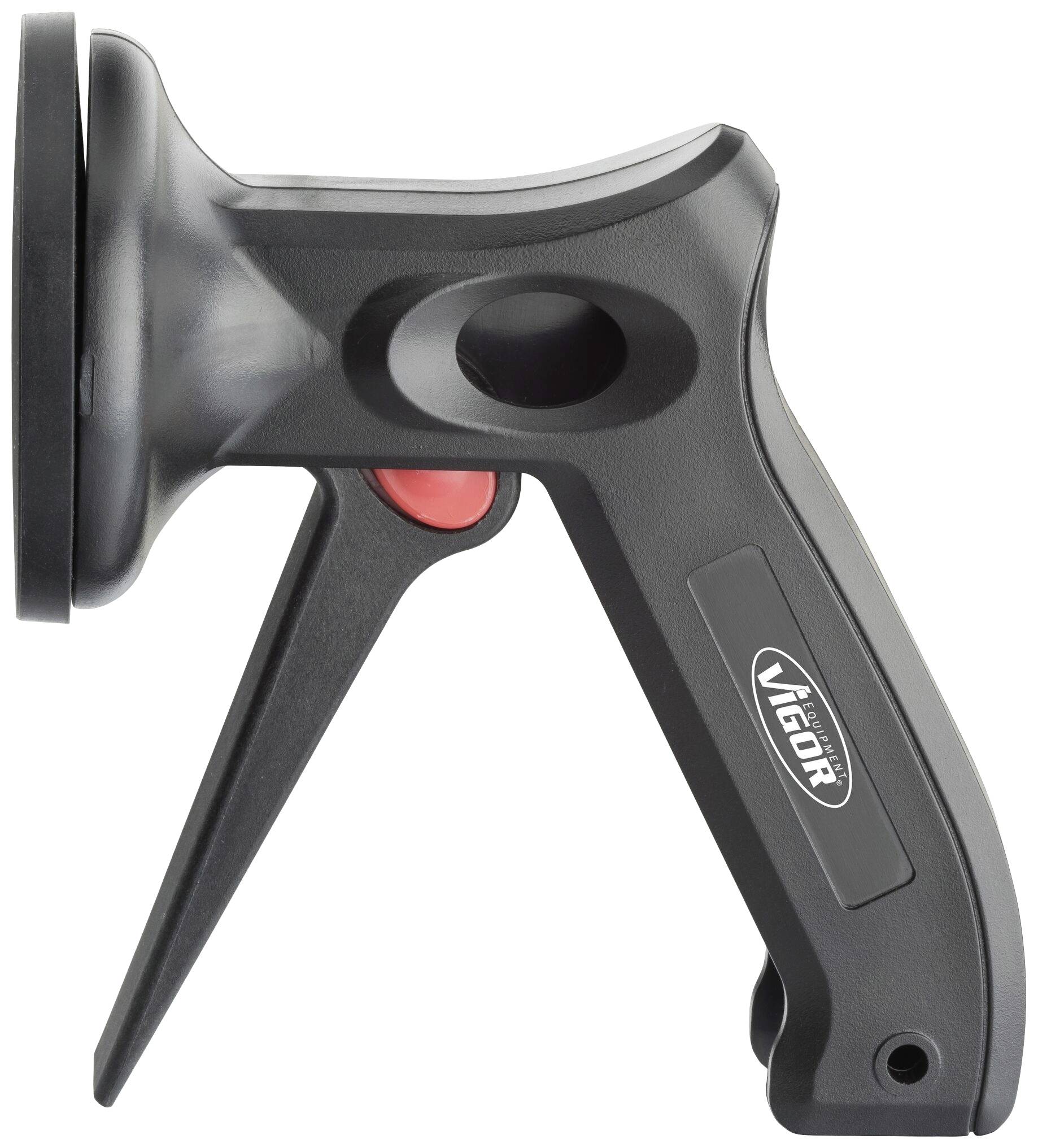 Fekete kéziszerszám hajlított nyéllel és piros gombbal, 'Vigor' felirattal ellátva. Tárgyak fogásához vagy tartásához használatos.