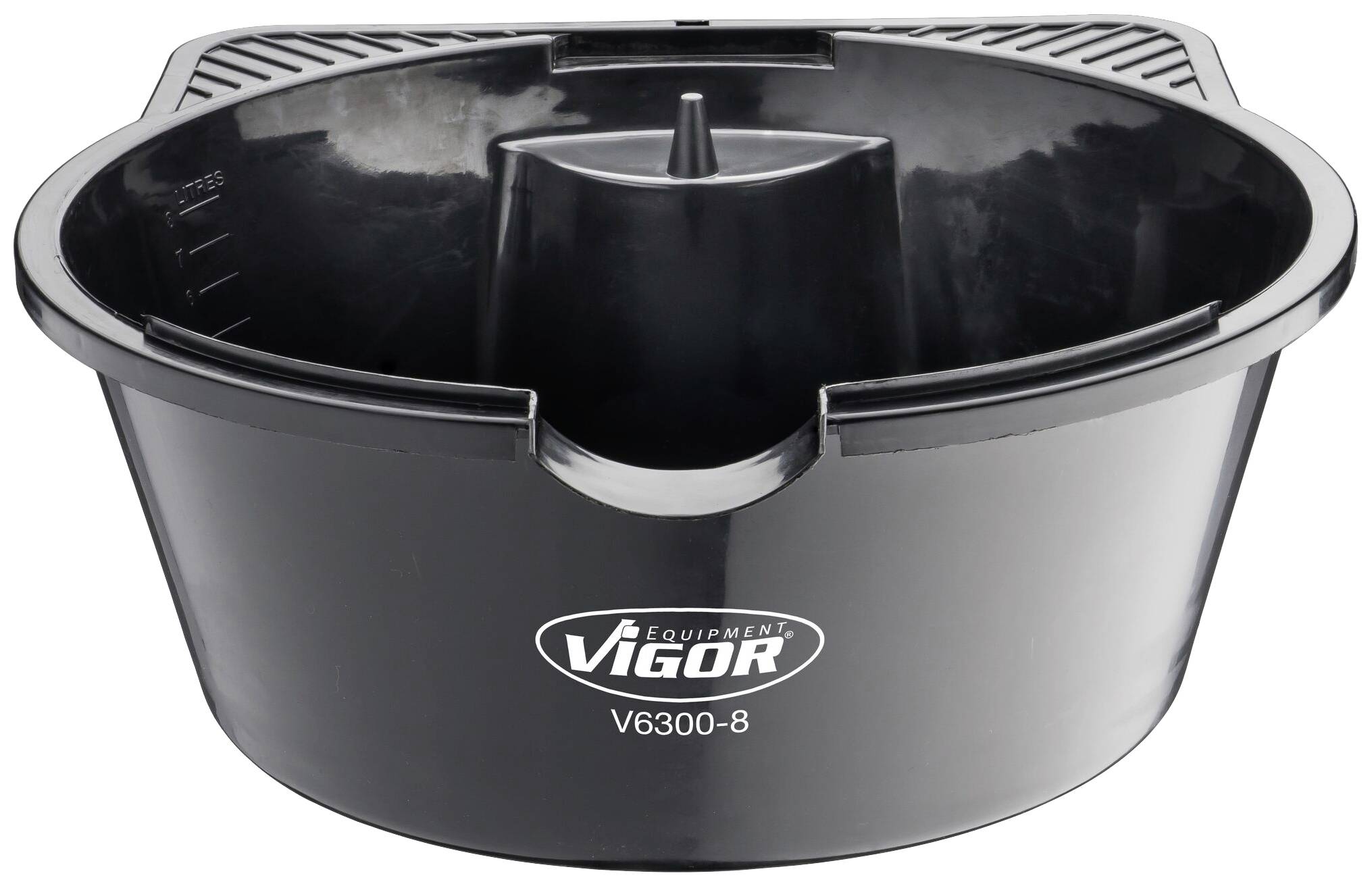 Fekete Vigor olajfelfogó tálca logóval és V6300-8 modellszámmal, kerek kialakítással és oldalsó kiöntőnyílással.