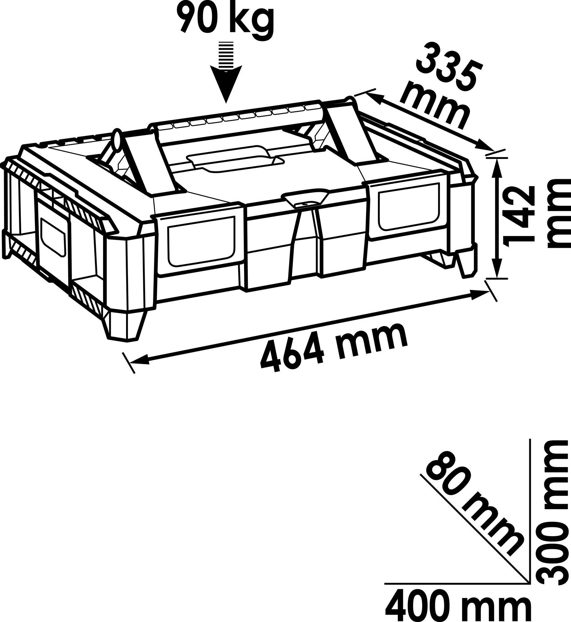 Műszaki rajz egy téglalap alakú dobozról a következő méretekkel: 464 mm hosszúság, 335 mm szélesség, 142 mm magasság. Teherbírás: 90 kg.