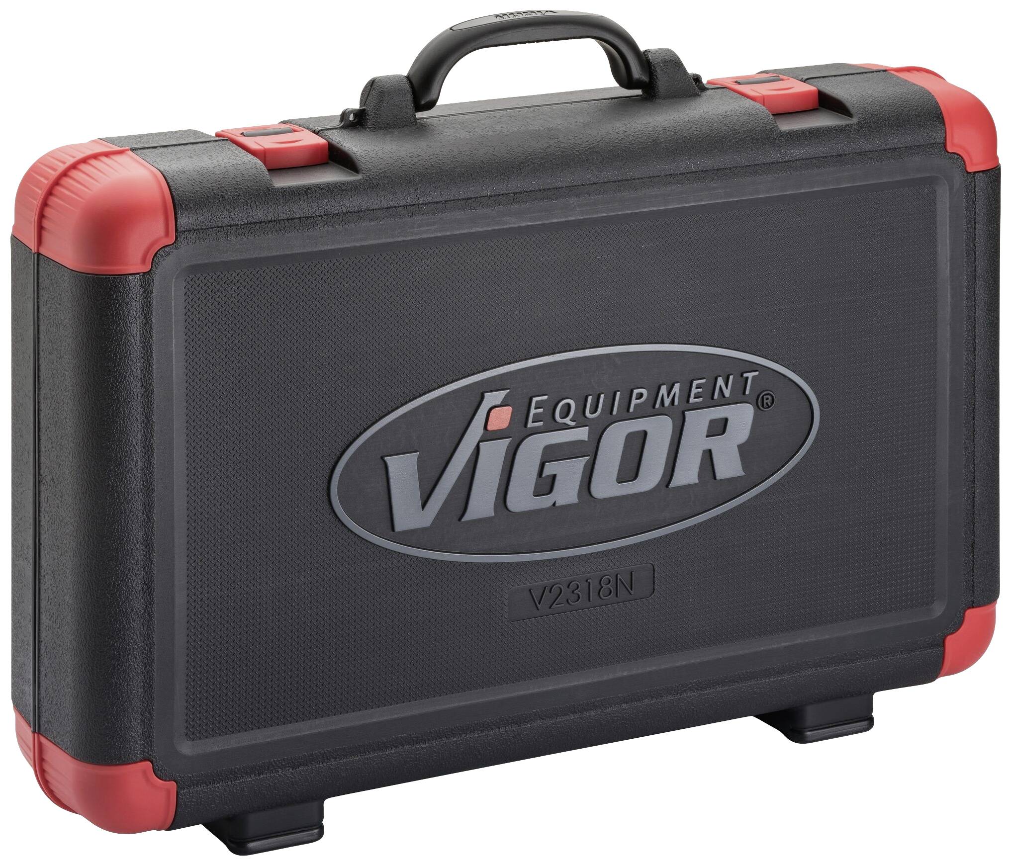 Fekete szerszámosláda piros sarkokkal, középen a 'VIGOR' logóval.