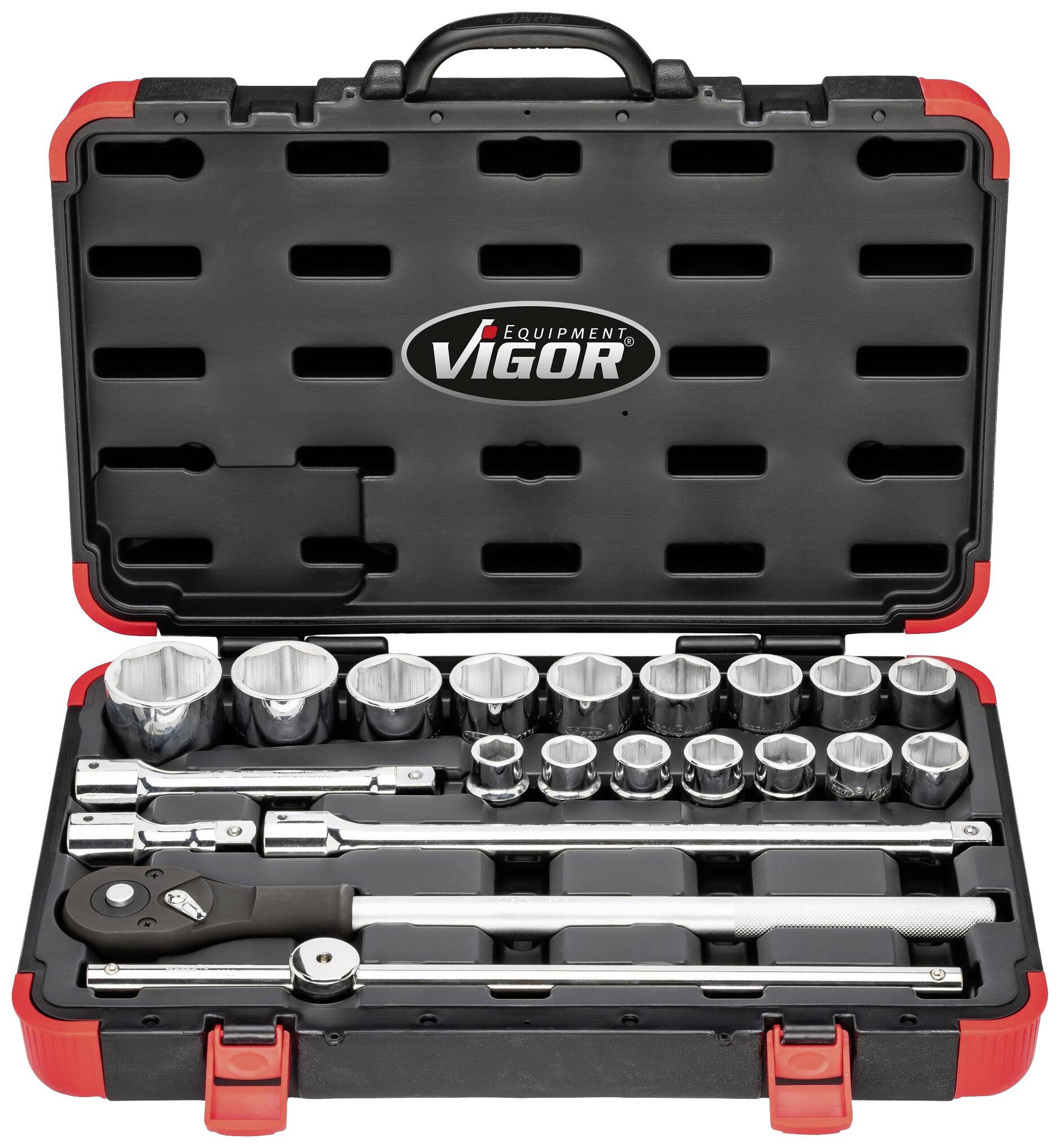 VIGOR-logós szerszámkoffer; különböző csavarkulcsokat és dugókulcsokat tartalmaz, rendezetten elhelyezve habszivacs betétekben.
