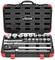 VIGOR-logós szerszámkoffer; különböző csavarkulcsokat és dugókulcsokat tartalmaz, rendezetten elhelyezve habszivacs betétekben.