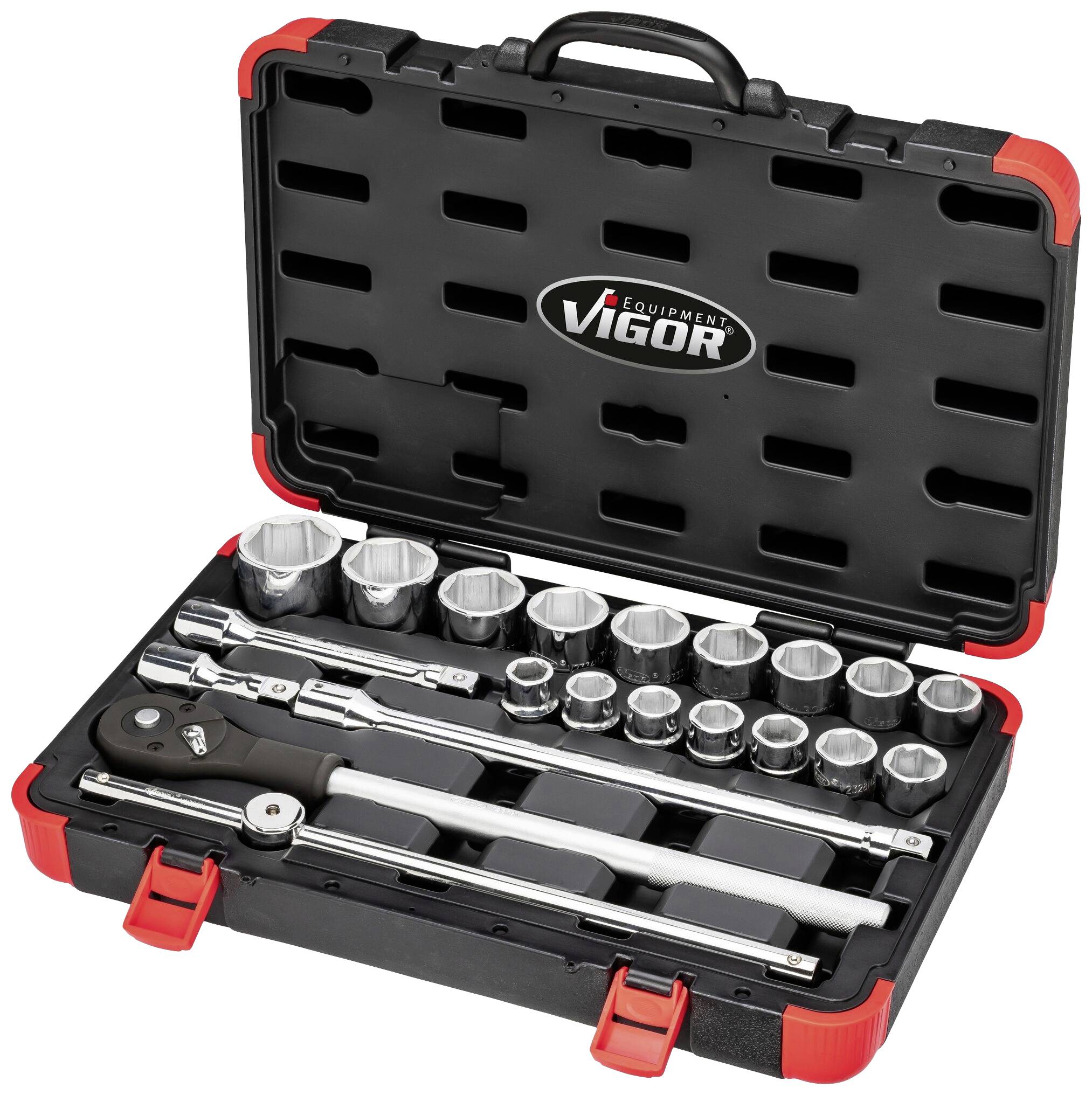 Nyitott szerszámkoffer Vigor logóval, különböző dugókulcs betéteket, racsnis kulcsot és hosszabbítókat tartalmazva, habszivacs betétben elrendezve.