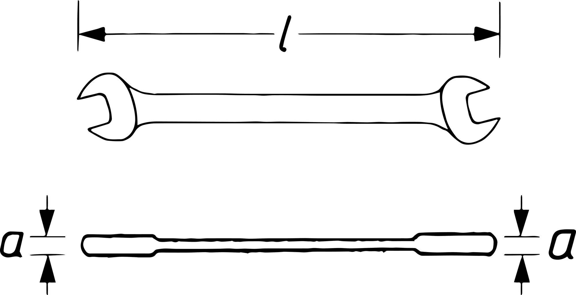 Egy csavarkulcs műszaki rajza méretekkel: hosszúság l, szélesség a.