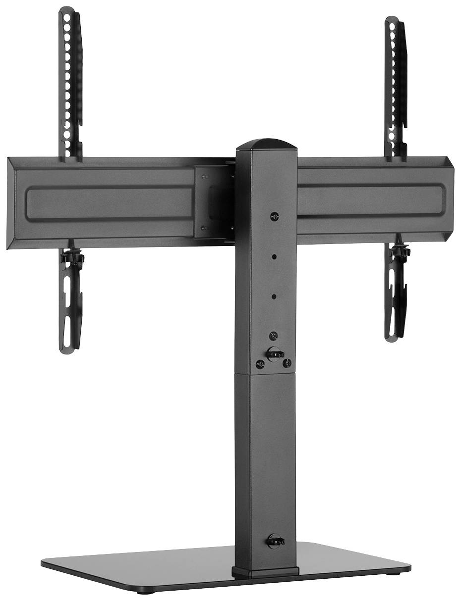 Egy fekete TV-állvány magasságállítható tartóval és stabil alapzattal.