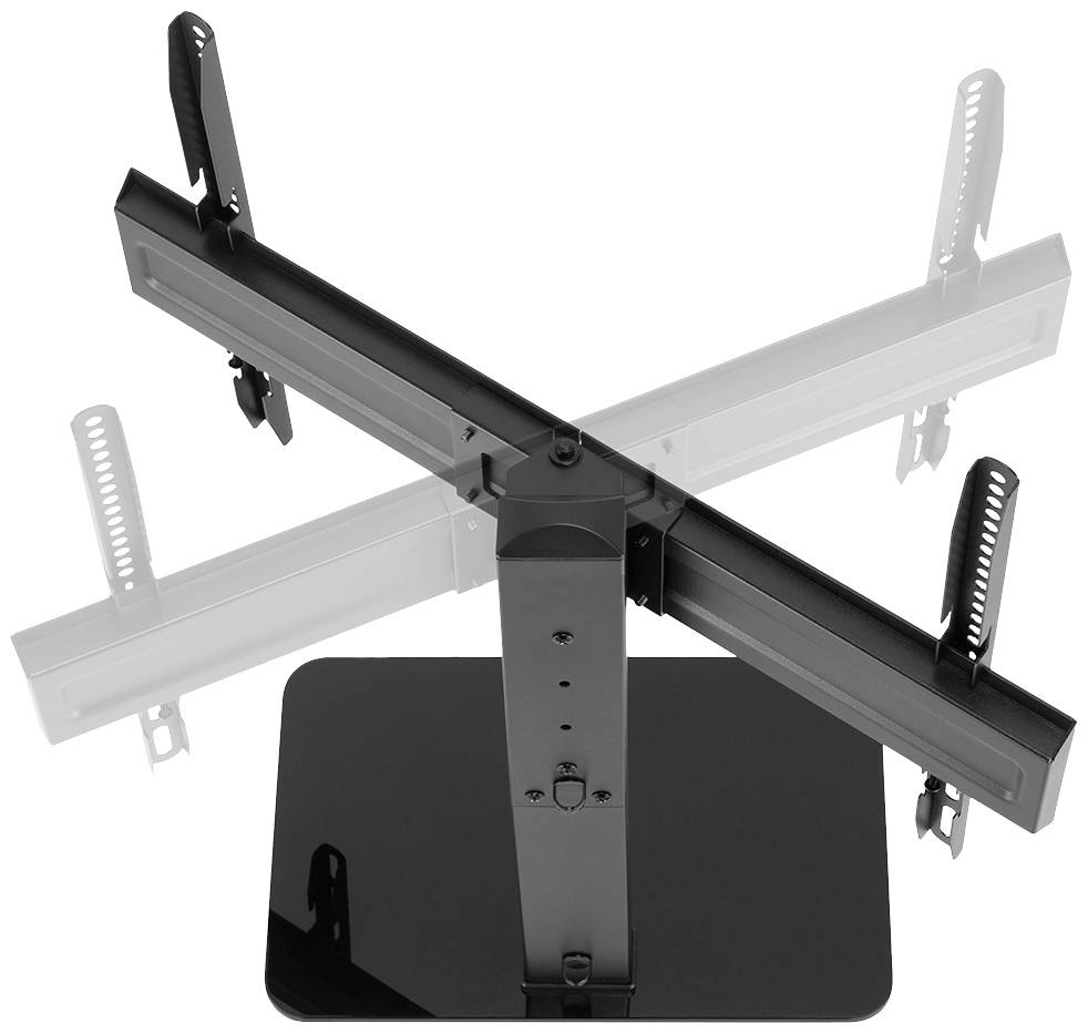 Egy fekete TV-állvány magasságállítható tartóval és stabil talapzattal, lapos képernyős televíziókhoz, oldalnézetben ábrázolva.