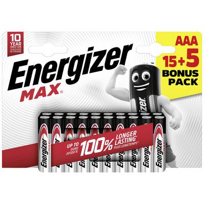 Energizer Max AAA elemcsomag 20 darabos. Felirat: '15 + 5 Bónusz csomag', 'Akár 100%-kal hosszabb élettartam'. Elem-maskot illusztráció.