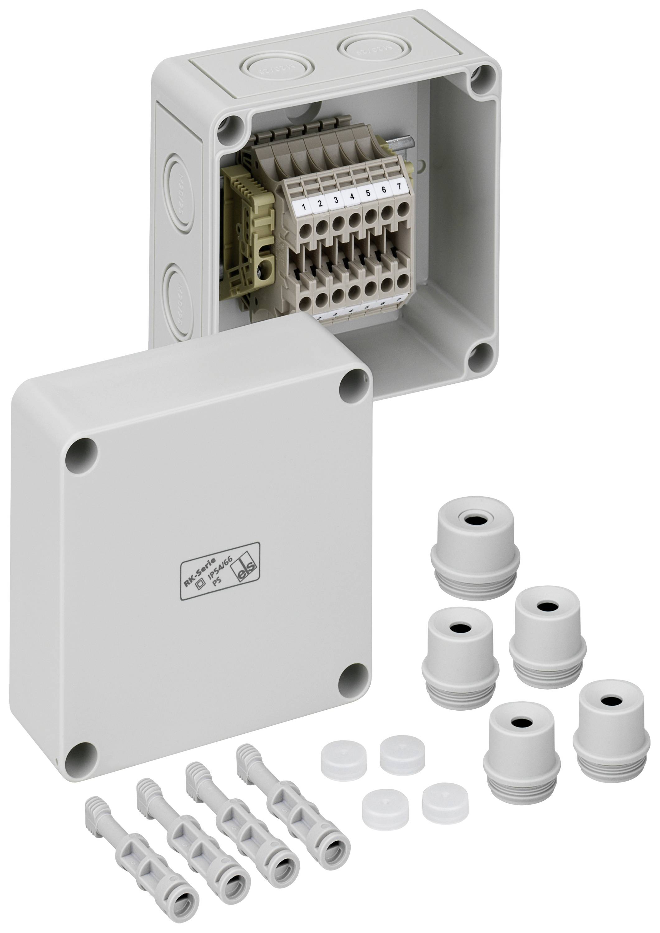 Egy nyitott fedelű szürke elágazódoboz belső csatlakozókat mutat. Mellette kábelösszecsavaró és rögzítőanyagok fekszenek.