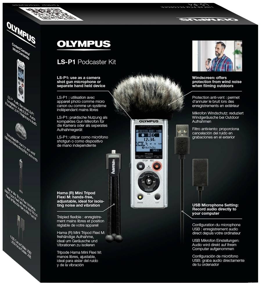 Olympus LS-P1 Podcast-Kit doboz. Egy felvevőkészüléket mutat, amelyhez tartozik szélfogó, állvány és mikrofon-beállítási lehetőségek. Tökéletes podcastereknek.