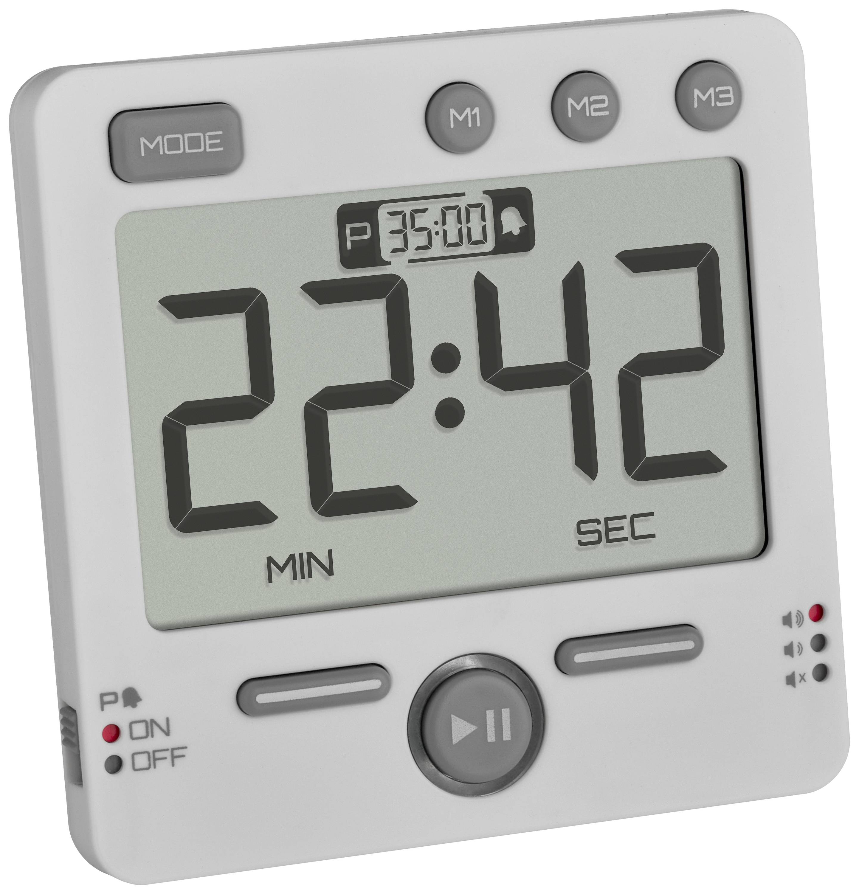 Szürke digitális konyhai óra nagy kijelzővel, mutatja a '22:42' időt. Felül 'Mód', 'M1', 'M2', 'M3' gombok, alul Play/Szünet gomb.