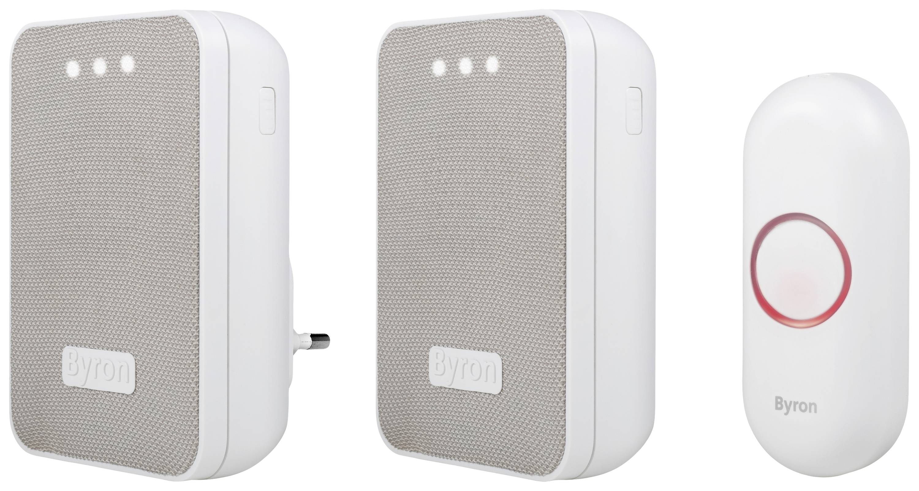 Két fehér vezeték nélküli ajtócsengő szürke hálós hangszóróval és világító gombbal. Baloldalon egy dugasz, jobboldalon egy elemes gomb.