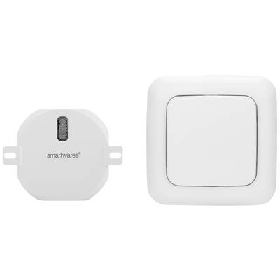 Egy Smartwares vezeték nélküli kapcsoló és vevőegység. Balra a téglalap alakú vevőkészülék, jobbra a négyzet alakú kapcsoló.