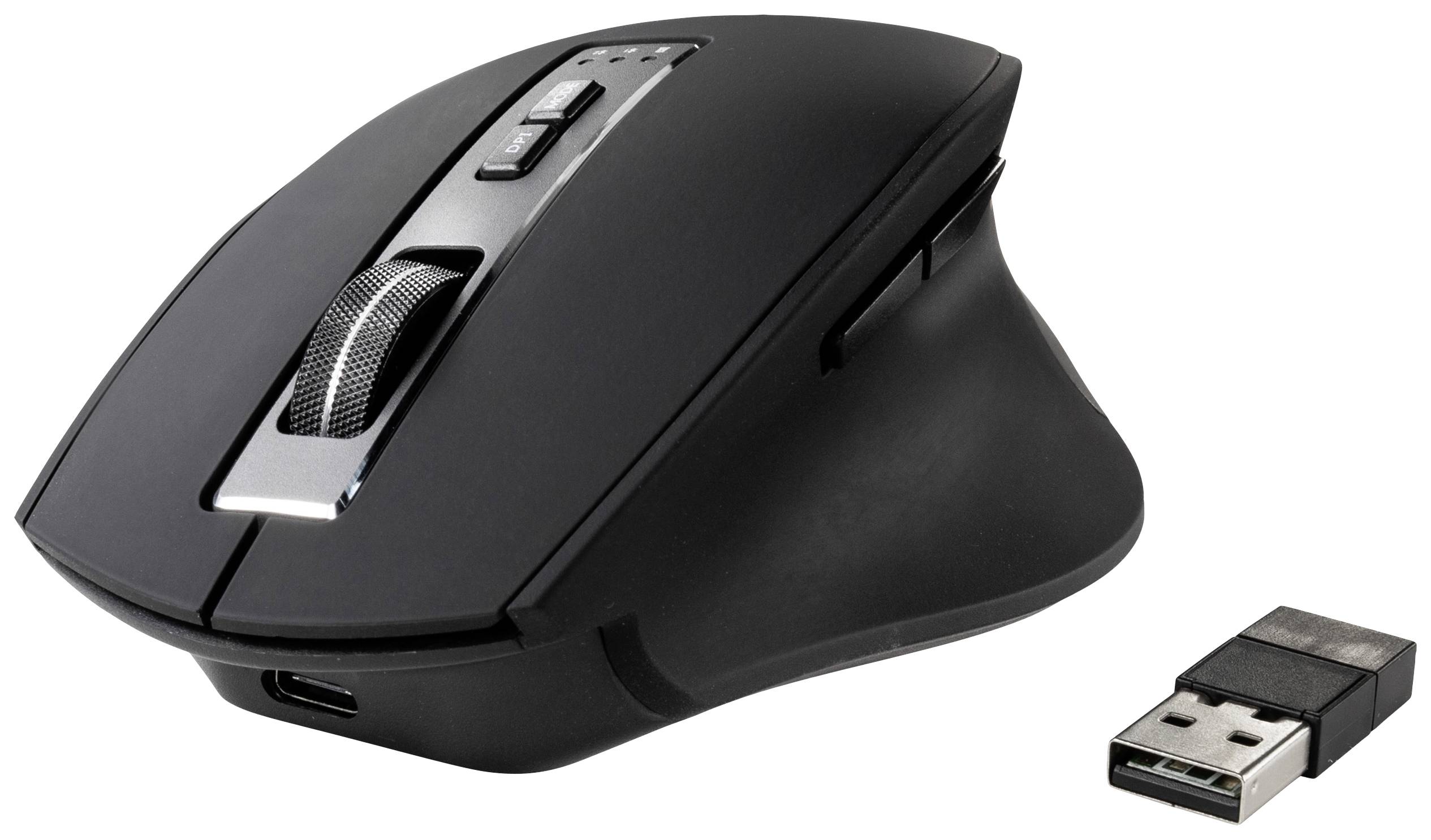 Fekete, vezeték nélküli számítógépes egér, amelynek USB-vevőegysége külön ábrázolva van, ergonomikus kialakítást és görgethető egérgömböt mutat.