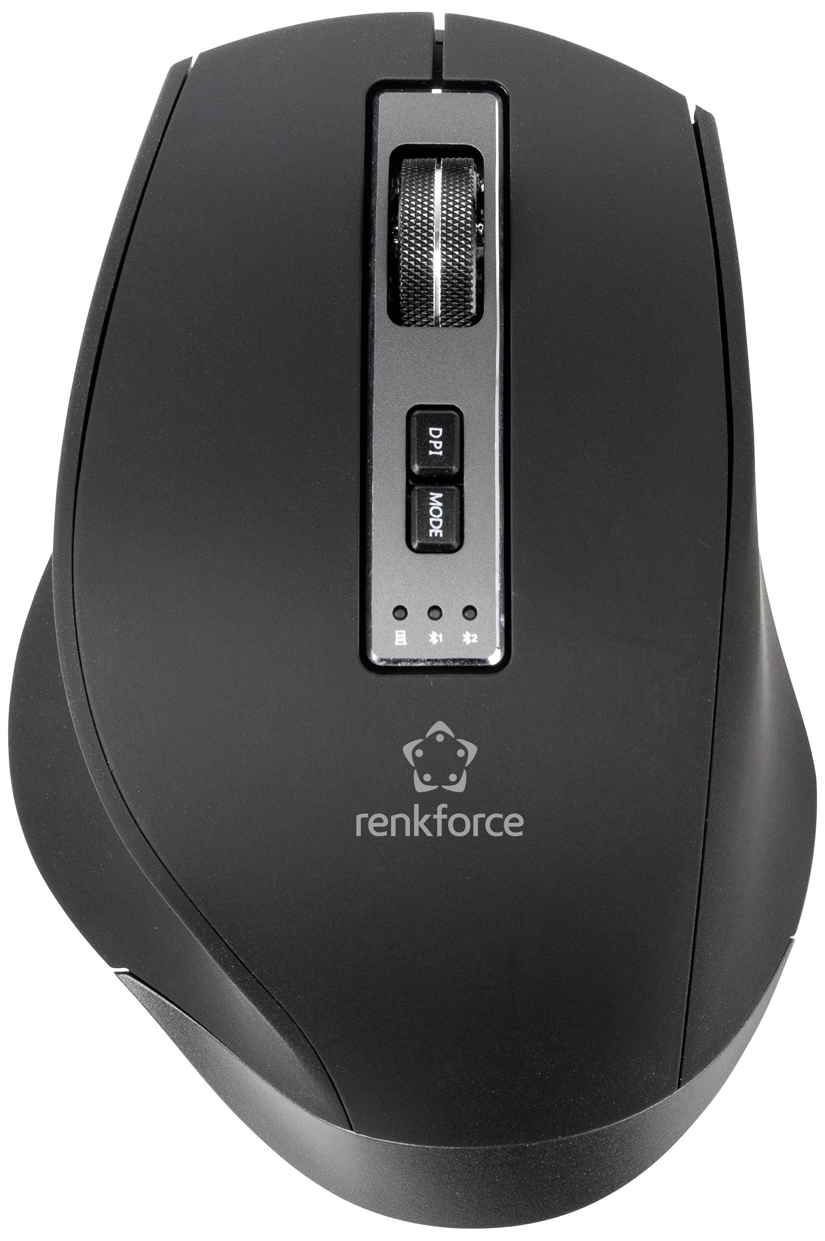 Egy fekete, vezeték nélküli számítógépes egér felülnézetben, görgetőkerékkel, DPI-kapcsolóval és 'renkforce' logóval.