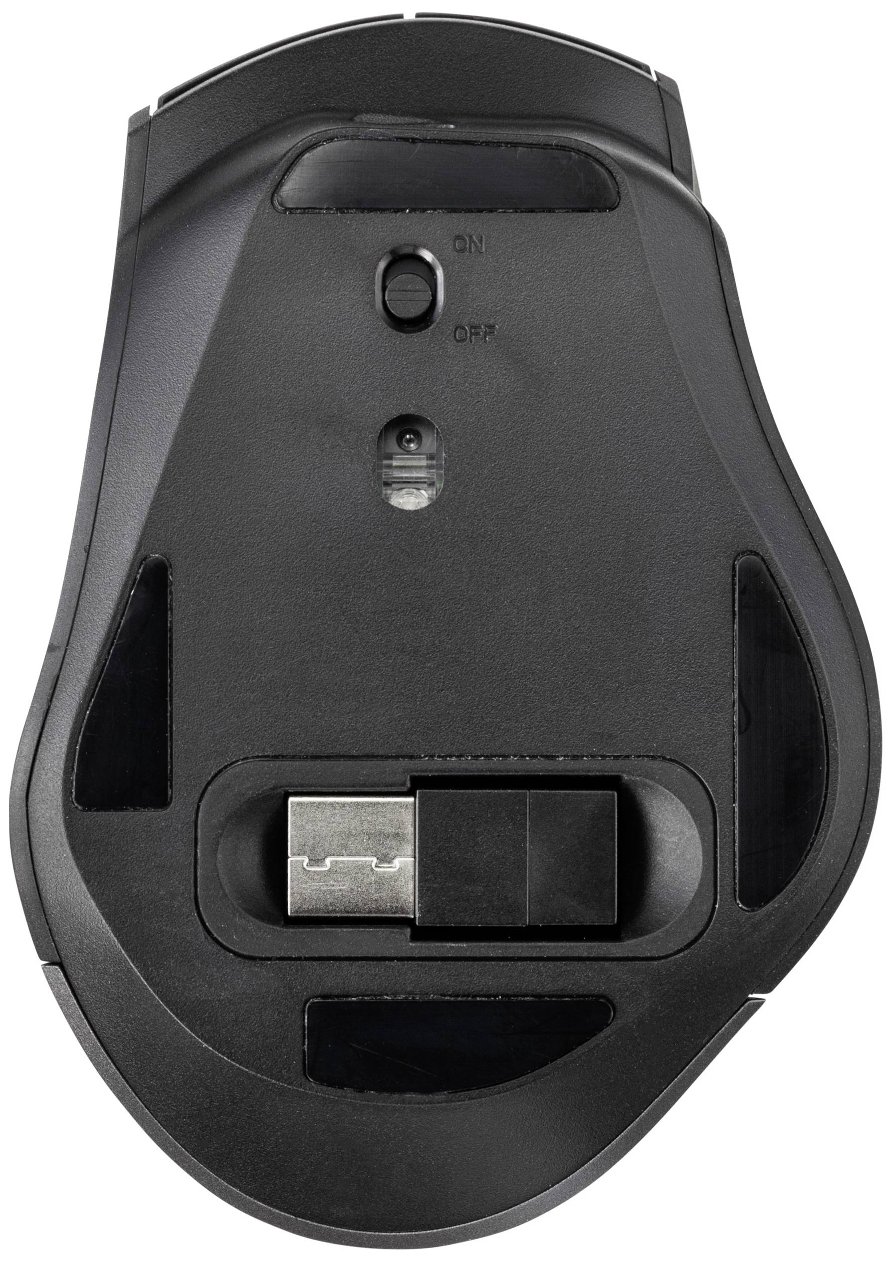 Egy számítógépes egér alsó felülete, amelyen egy levehető USB-dongle tárolására szolgáló rekesz és a közepén egy be-/kikapcsoló gomb található.