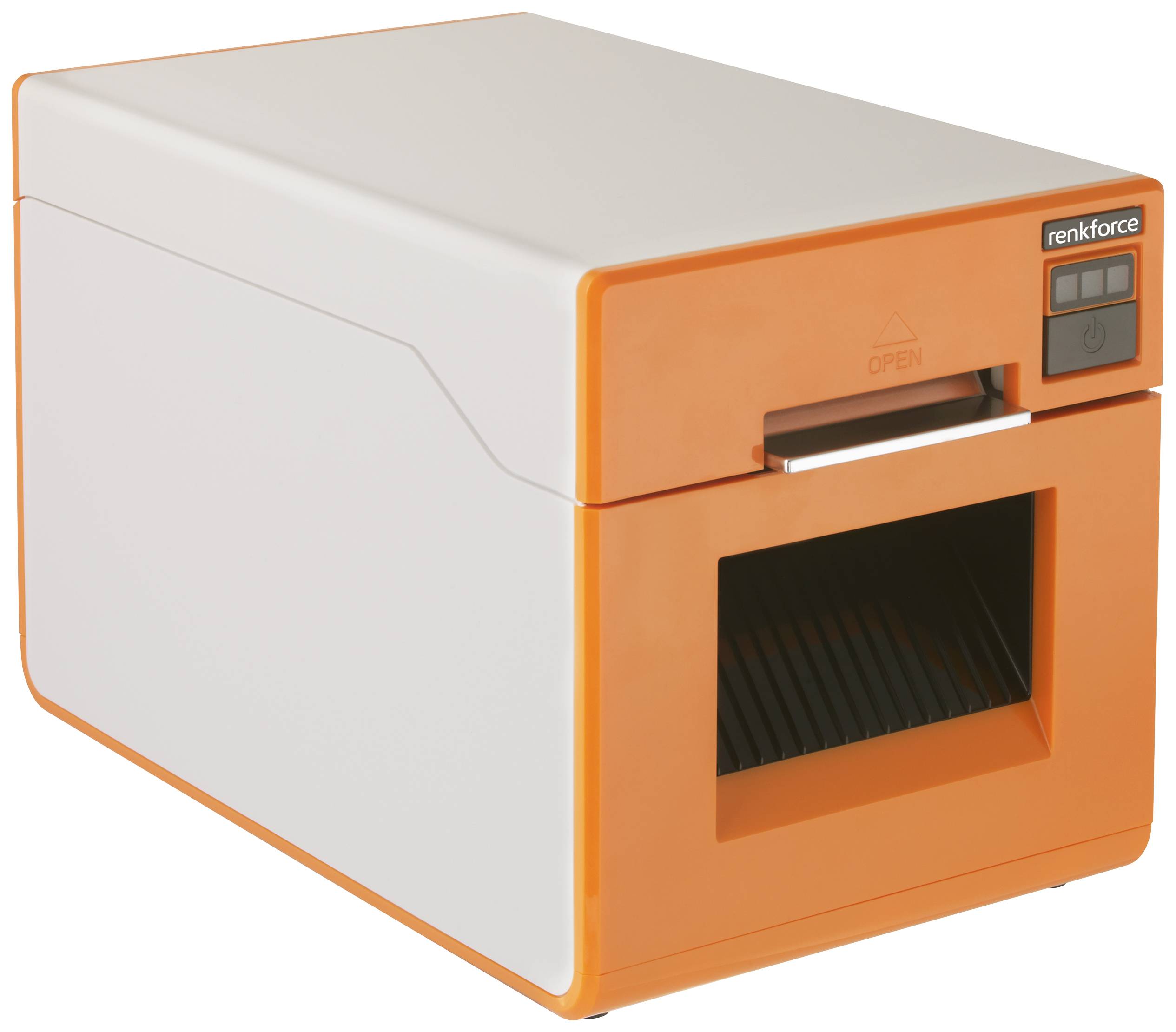 Egy kompakt, narancssárga-fehér Prusa 3D-nyomtató fehér háttér előtt.