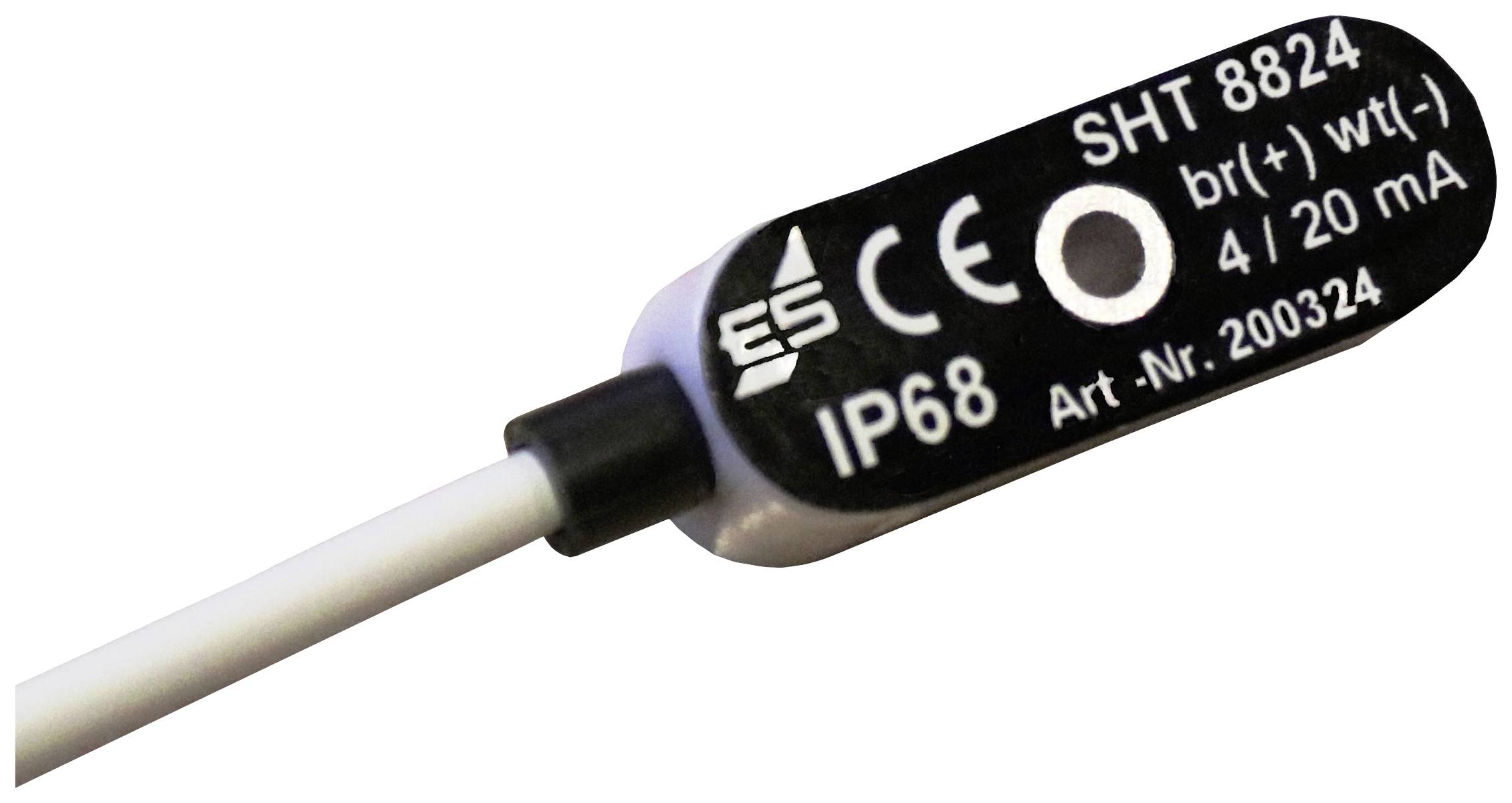 Egy 'SHT 8824' jelölésű érzékelő, CE-jelöléssel, IP68 védelemmel, cikkszám: 200324, támogatja a 4-20 mA jeleket.