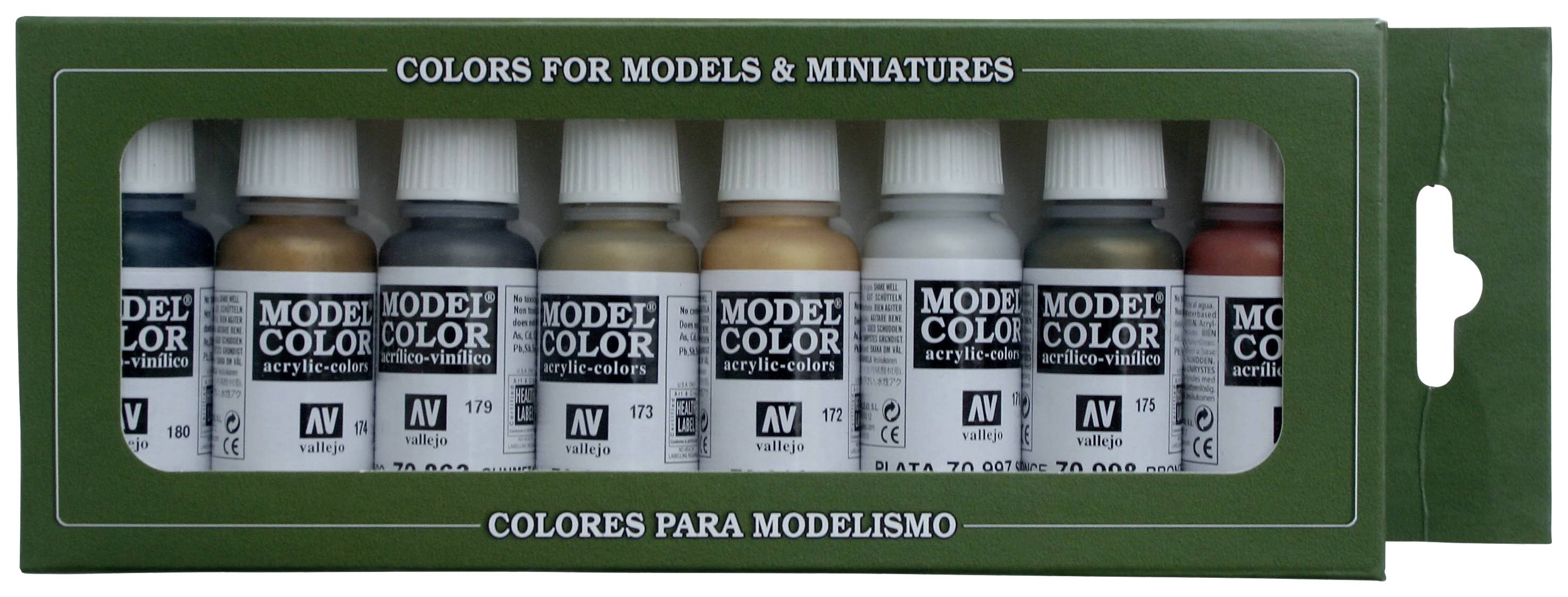 Egy nyolc üvegből álló modellszínező készlet, különböző árnyalatokban, modellekhez és miniatűrökhöz alkalmas.