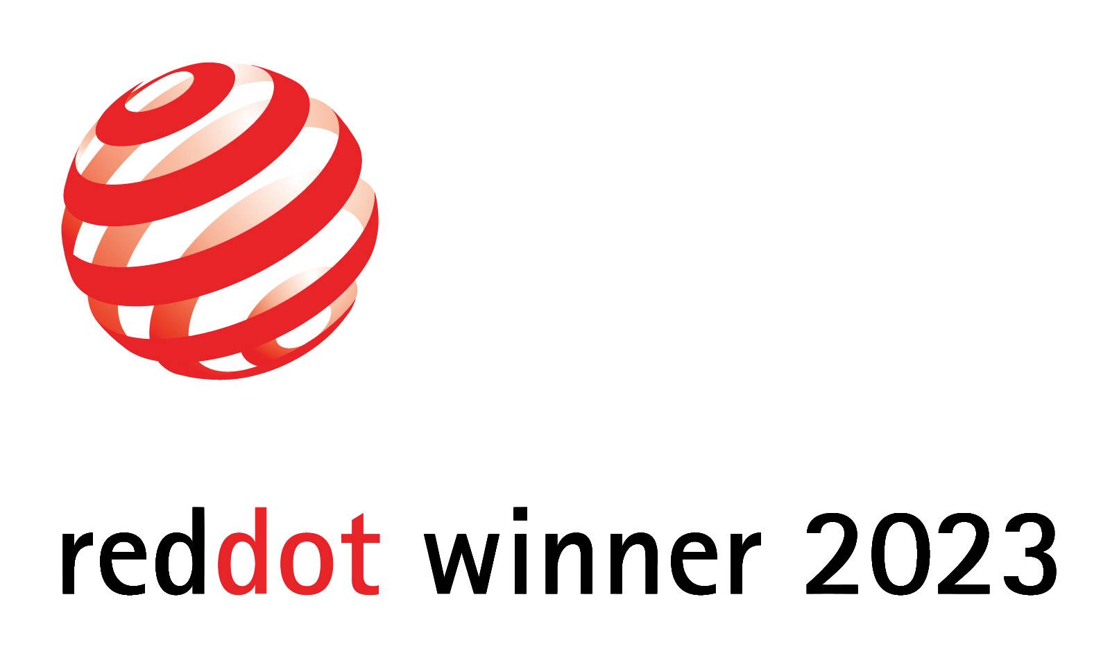 'Reddot díjnyertes 2023' embléma piros szalagokból álló körrel, alatta 'reddot díjnyertes 2023' felirat. A díjazott formatervezés jelzése.