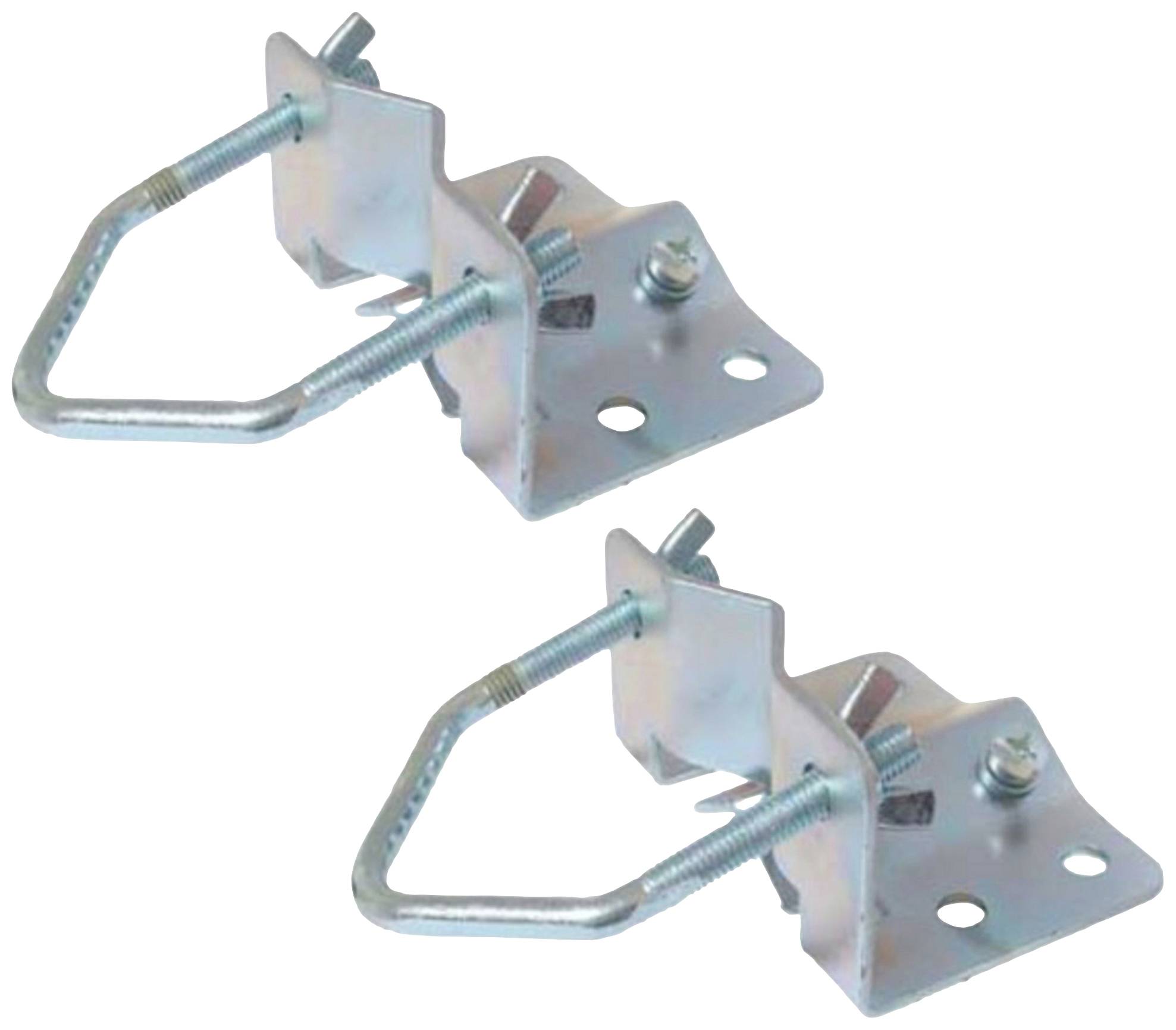 Két ezüstszínű fém tartóelem háromszög alakú tartozékokkal és csavarokkal, amelyek alkalmasak falakra vagy felületekre történő rögzítésre.