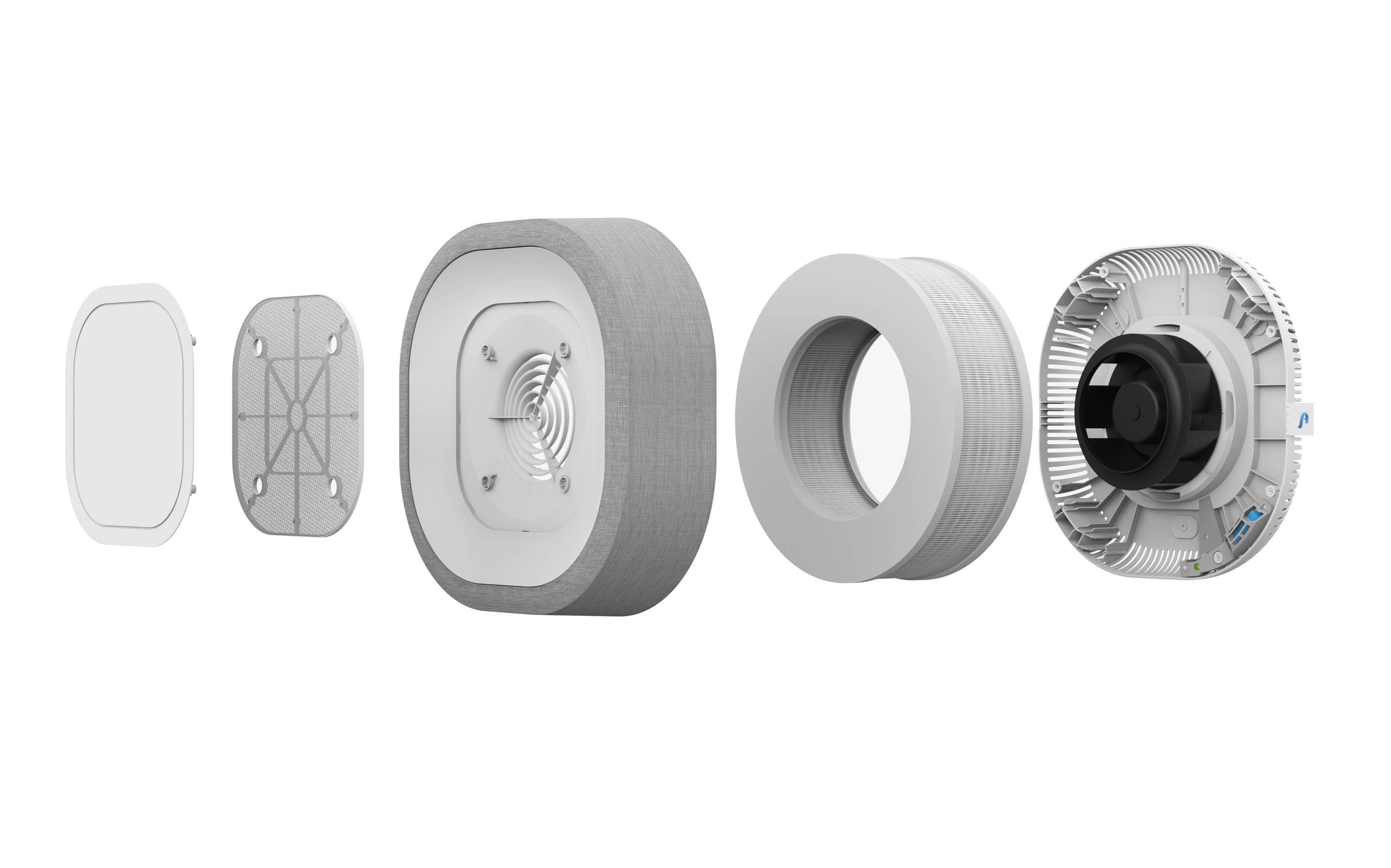 Robbantott nézet egy többrétegű műszaki eszközről, amely magában foglalja a burkolatot, különböző tömítéseket és egy hengeres elemet.