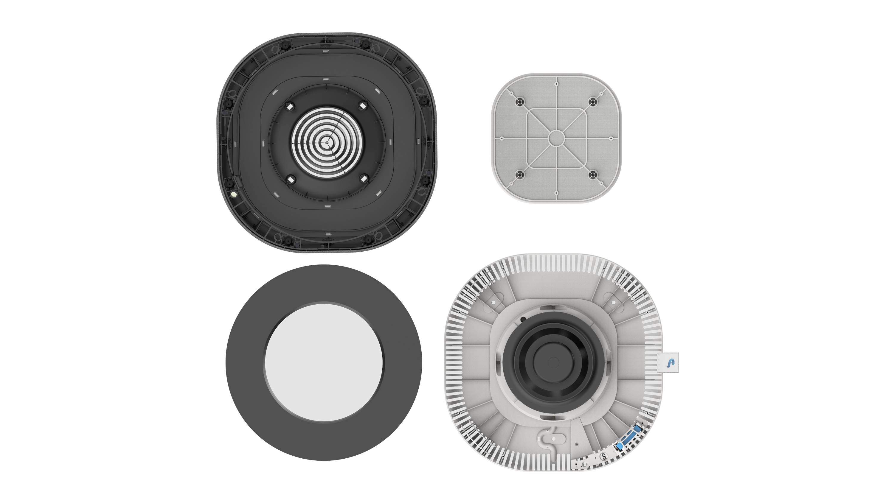 Négy négyzet alakú lámpa felülről fotózva, 2x2-es elrendezésben. Eltérő dizájnok és felületi struktúrák.