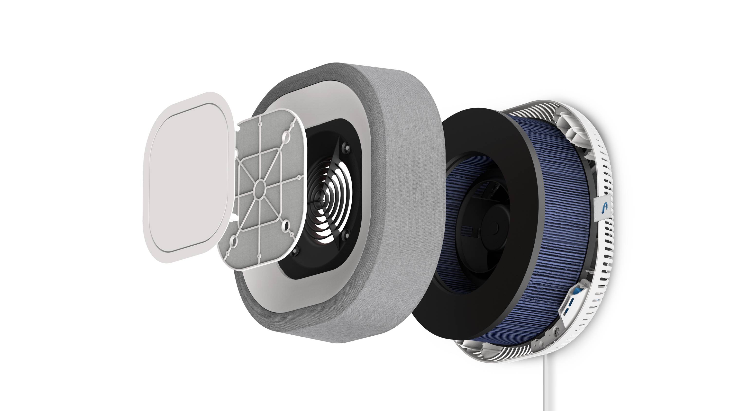 Egy légtisztító robbanásszerű metszeti ábrázolása több rétegben: burkolat, szűrő és ventilátor. Bemutatja a szűrő szerkezetét és működési módját.