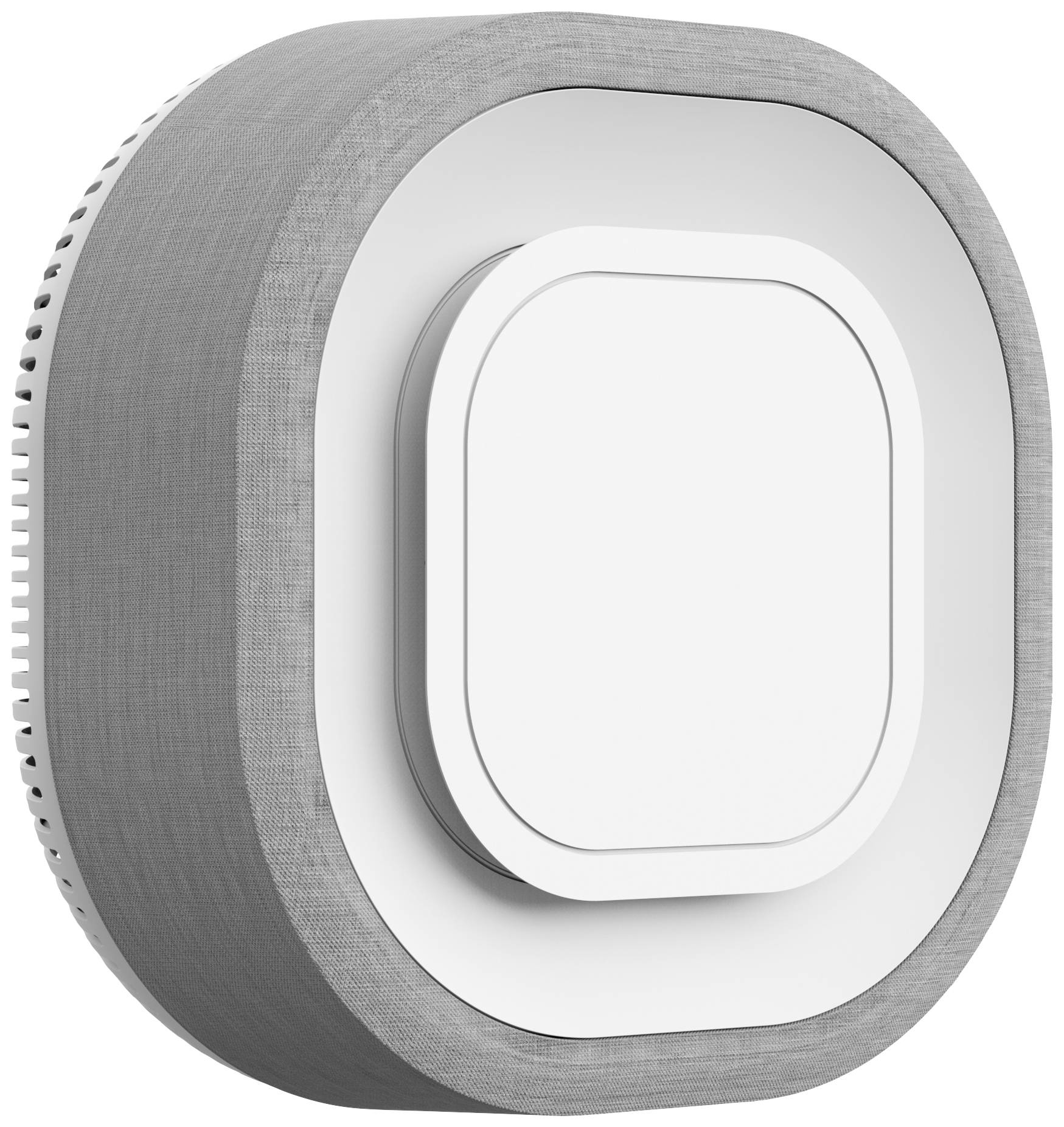 Egy modern, kerek levegőminőség-mérő eszköz szürke szövetes kerettel és központi fehér kijelzővel.
