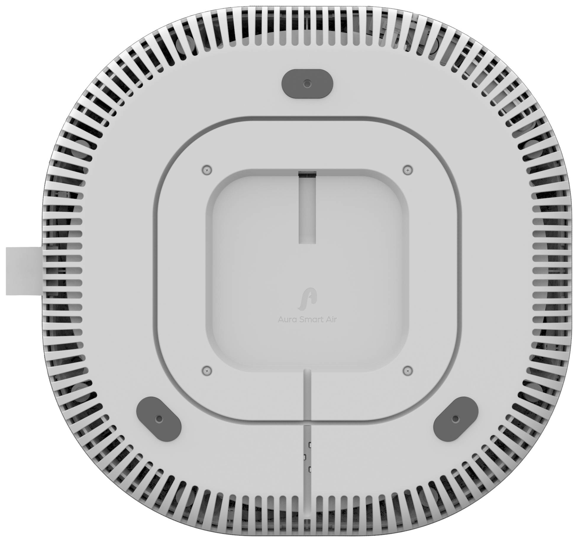 Egy kerek, fehér légtisztító, szellőzőnyílásokkal és központi kupakkal az alsó részén, a középső részen jól látható márkalogóval.